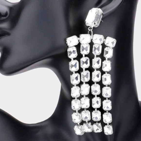 Emerald Cut Stone Fringe Evening Earrings - Picture 2 of 2